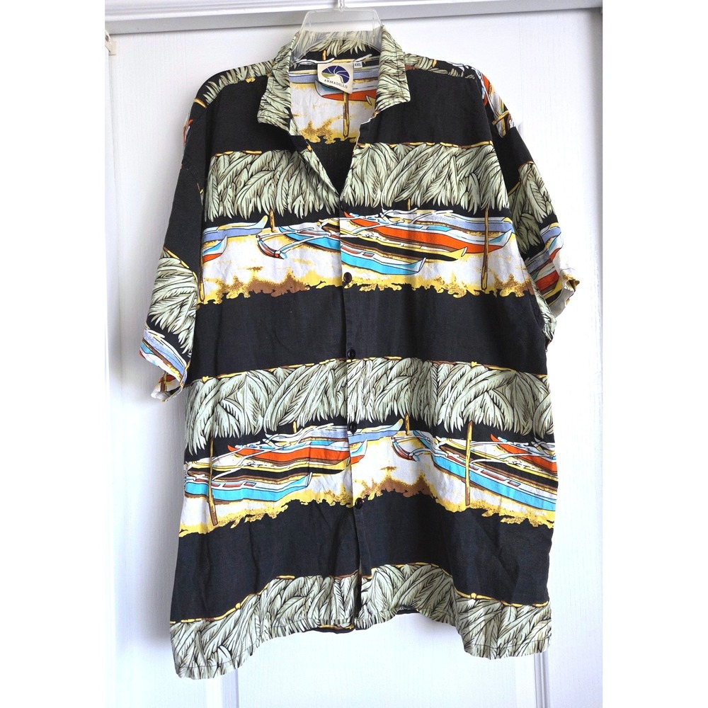 VTG Armadillo Tropical Palm Canoe Button Down Shirt Aloha Short Sleeve Mens XXL